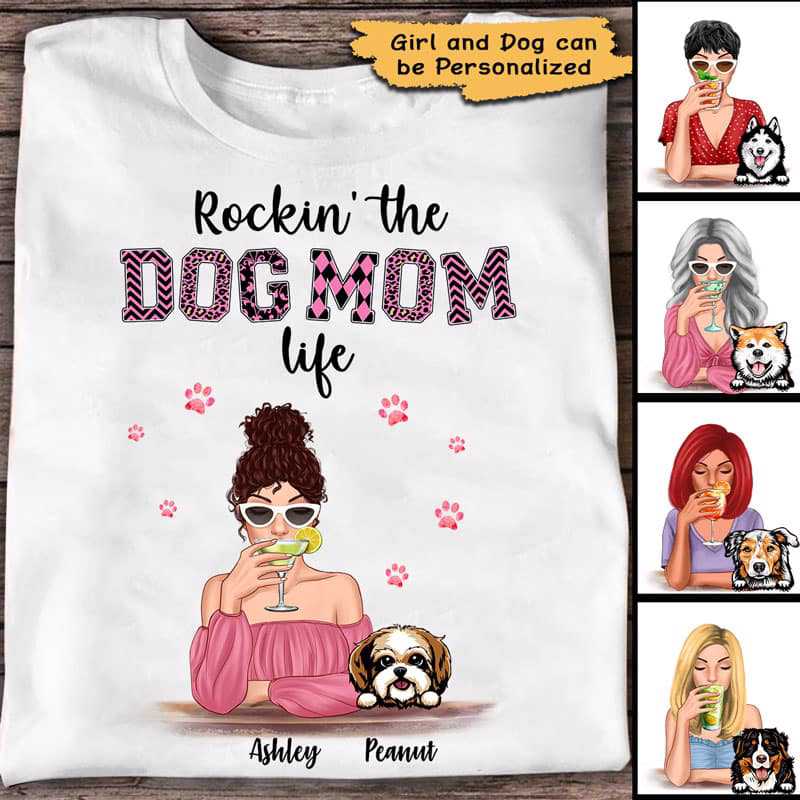 Rockin‘ Dog Mom Life Pink Patterned Cocktail Girl Personalized Shirt